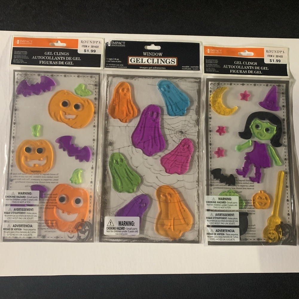 NOS Halloween Gel Window Clings Ghosts Witches Bats Pumpkins 3 PKS. 2010-2015
